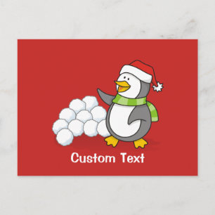 Christmas penguin with snow balls waving holiday postcard