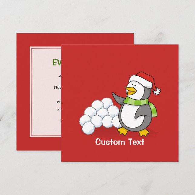 Christmas penguin with snow balls waving invitation (Front/Back)