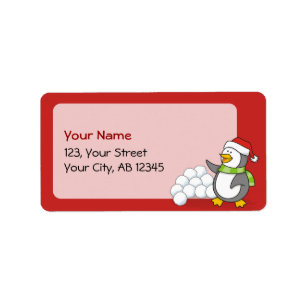 Christmas penguin with snow balls waving label