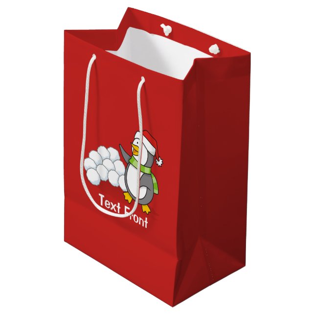 Christmas penguin with snow balls waving medium gift bag (Front Angled)