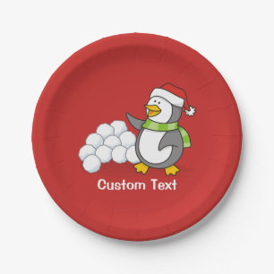 Christmas penguin with snow balls waving paper plate