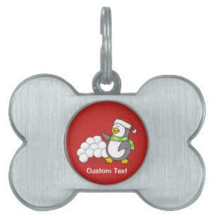 Christmas penguin with snow balls waving pet tag