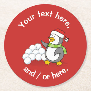 Christmas penguin with snow balls waving round paper coaster