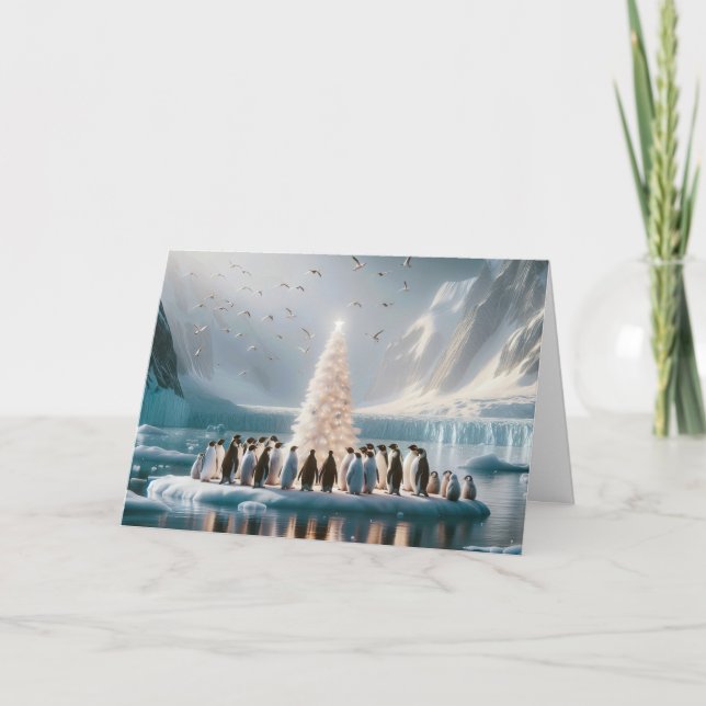 Christmas Penguins Around a White Tree Holiday Card (Front)