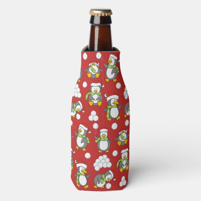 Christmas penguins background bottle cooler (Bottle Front)