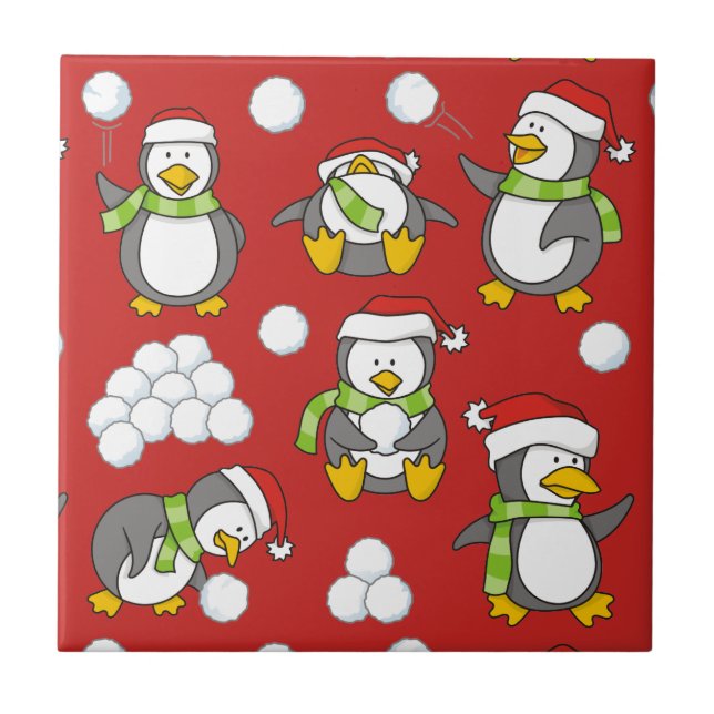 Christmas penguins background ceramic tile (Front)