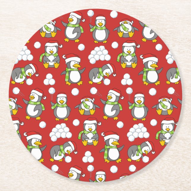 Christmas penguins background round paper coaster (Front)