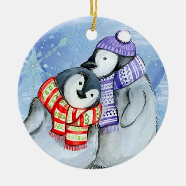 Christmas Penguins Ceramic Ornament (Front)
