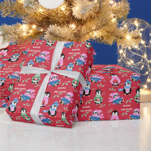Christmas Penguins Crew Red Holiday Wrapping Paper