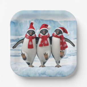 Christmas Penguins Dancing on Arctic Glacier Paper Plate
