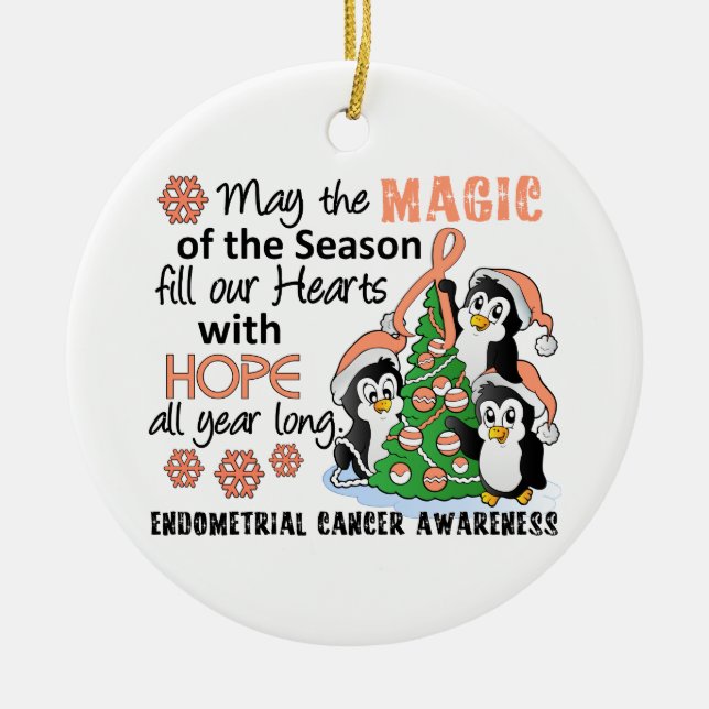 Christmas Penguins Endometrial Cancer Ceramic Tree Decoration (Front)