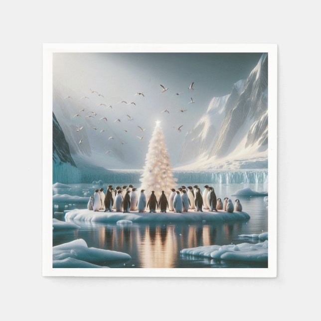 Christmas Penguins Gathering Around a Tree Napkin (Front)