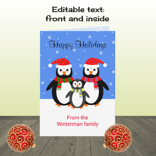 Christmas penguins happy holidays editable text holiday card