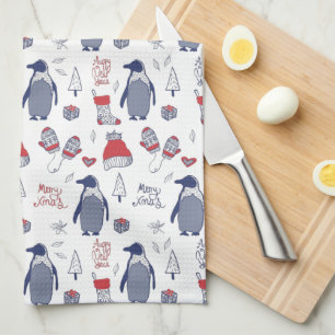Christmas Penguins Hats Gloves Pattern Tea Towel