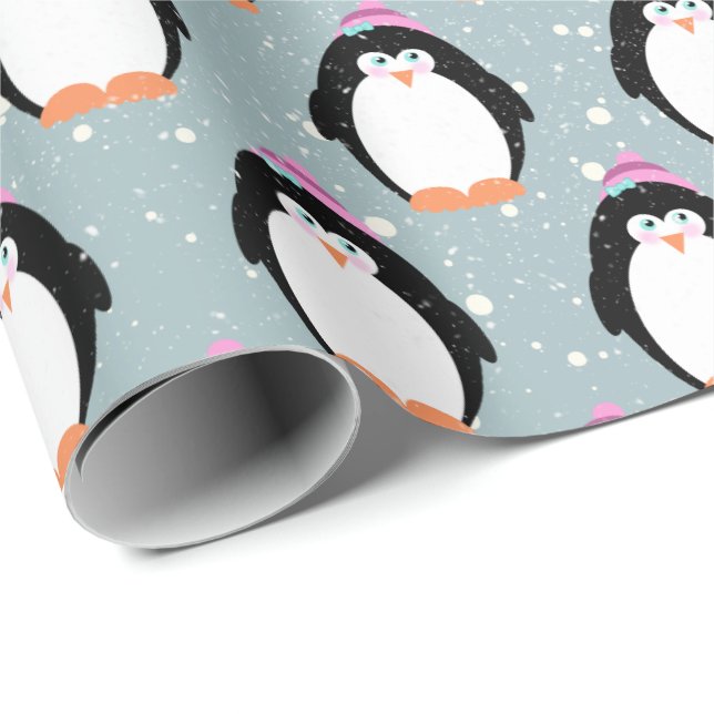 Christmas Penguins in Snowflakes Wrapping Paper (Roll Corner)