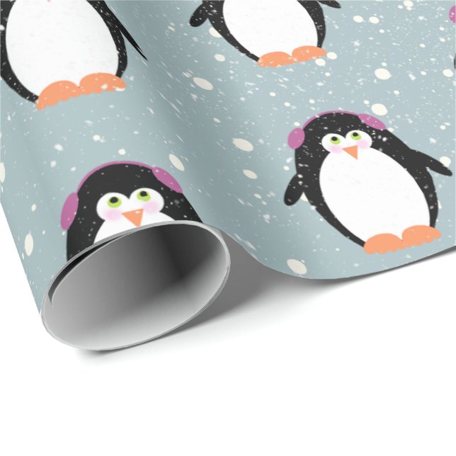 Christmas Penguins in Snowflakes Wrapping Paper (Roll Corner)