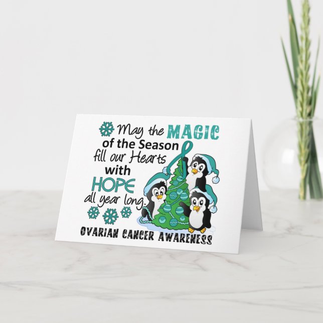Christmas Penguins Ovarian Cancer Holiday Card (Front)