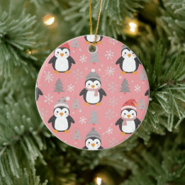 Christmas Penguins Pattern Pink Grey Ceramic Ornament