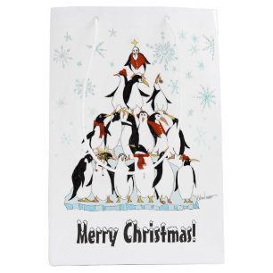 Christmas Penguins Pattern with Snow Flakes Medium Gift Bag