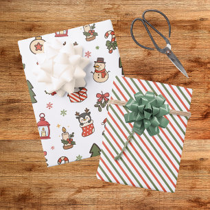 Christmas Penguins Red Green Wrapping Paper Sheet