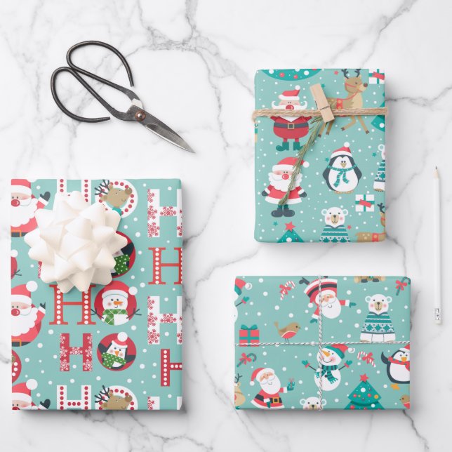 Christmas Penguins, Snowmen, Santa on Green Wrapping Paper Sheet (Front)