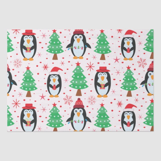 Christmas Penguins with Pine Trees Pattern Tissue Paper (Front)