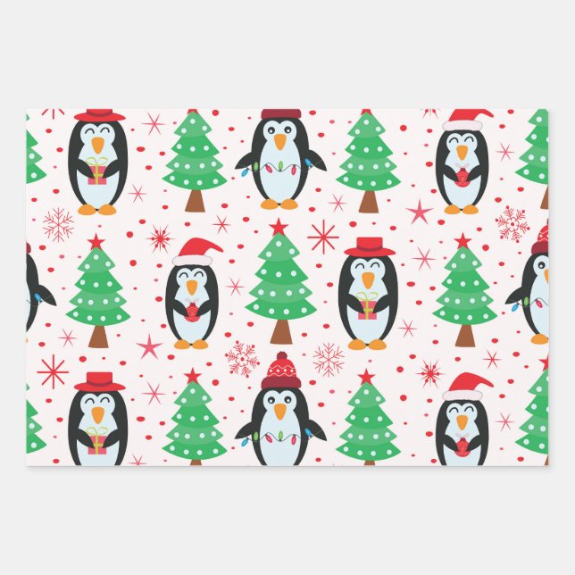 Christmas Penguins with Pine Trees Pattern Wrapping Paper Sheet (Front)