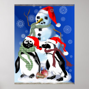 Christmas Penquin and Snowman Poster