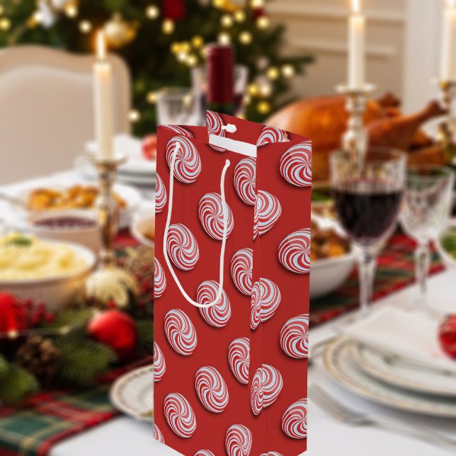 Christmas Peppermint Candy Festive Wine Gift Bag (Bright red peppermint candy swirls pattern on this Christmas wine gift bag. Fun and festive!)