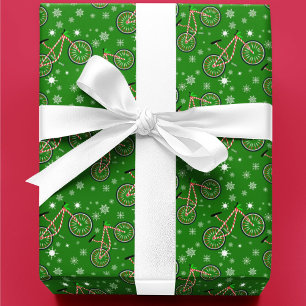 Christmas Peppermint Cycling Bike Snowflakes Green Wrapping Paper