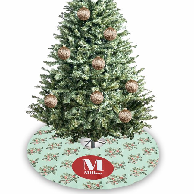Christmas Peppermint Green Mistletoe Custom Name  Brushed Polyester Tree Skirt (Creator Uploaded)