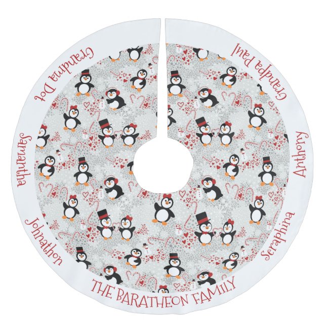Christmas Peppermint Penguins Personalised Names Brushed Polyester Tree Skirt (Front)