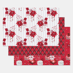 Christmas Peppermint   Poinsettia Candy Cane Wrapping Paper Sheet