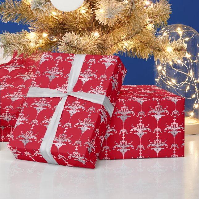 Christmas Peppermint | Red Damask Holiday Pattern Wrapping Paper (Holidays)