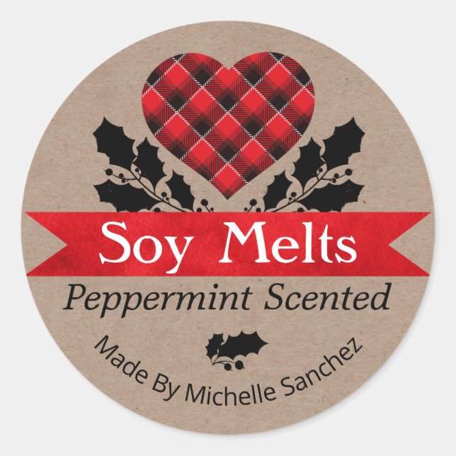 Christmas Peppermint Soy Melt Kraft Plaid Labels (Front)