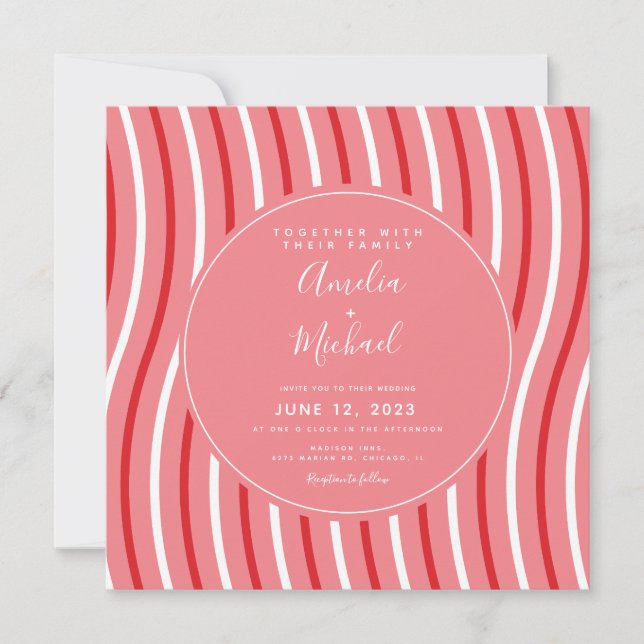 Christmas Peppermint Stripes Pink and Red Wedding Invitation (Front)