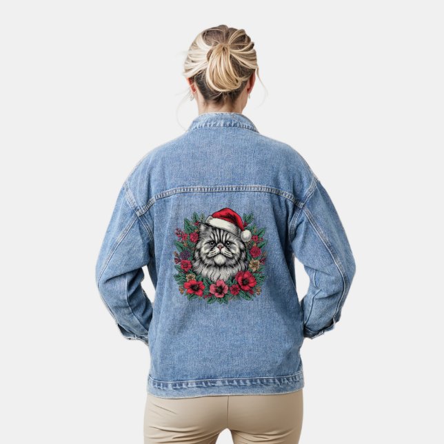 Christmas Persian Cat, Floral Santa Persian Kitty Denim Jacket (Model)
