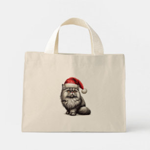 Christmas Persian Cat, Floral Santa Persian Kitty Mini Tote Bag