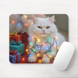 Christmas Persian Cat Tangled in Holiday Lights Mouse Pad