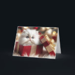 Christmas Persian Kitten In a Gift Box Holiday Card<br><div class="desc">A fluffy white Persian kitten with big blue eyes peeks from a red and gold gift box on a fur rug.
Text can be changed.</div>