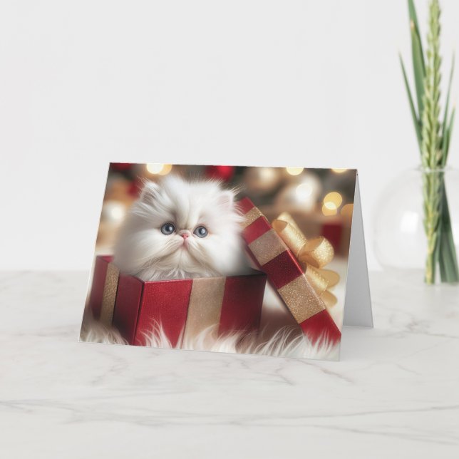 Christmas Persian Kitten In a Gift Box Holiday Card (Front)