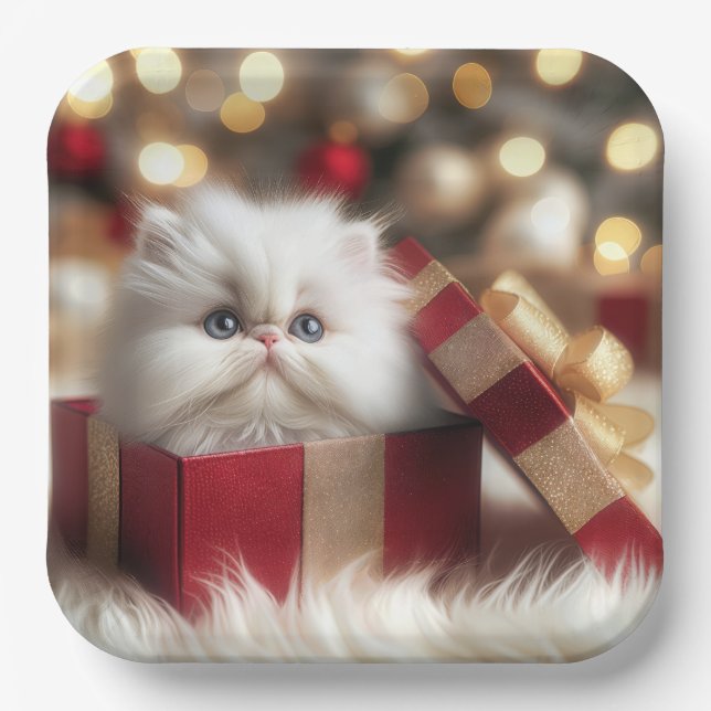 Christmas Persian Kitten In a Gift Box Paper Plate (Front)