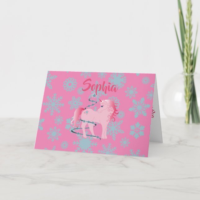 Christmas Personal Unicorn Pink Girl Snowflake Holiday Card (Front)