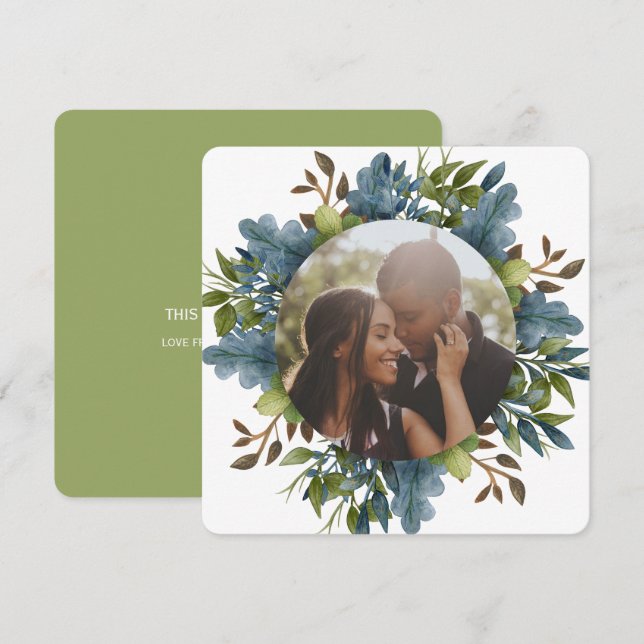 Christmas Personalised Blue Green Leaves Photo Hol Holiday Card (Front/Back)