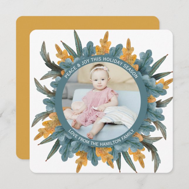 Christmas Personalised Blue Orange Leaves Photo Holiday Card (Front/Back)