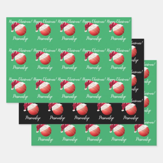 Christmas Personalised Cricket Ball Santa    Wrapping Paper Sheet (Set)