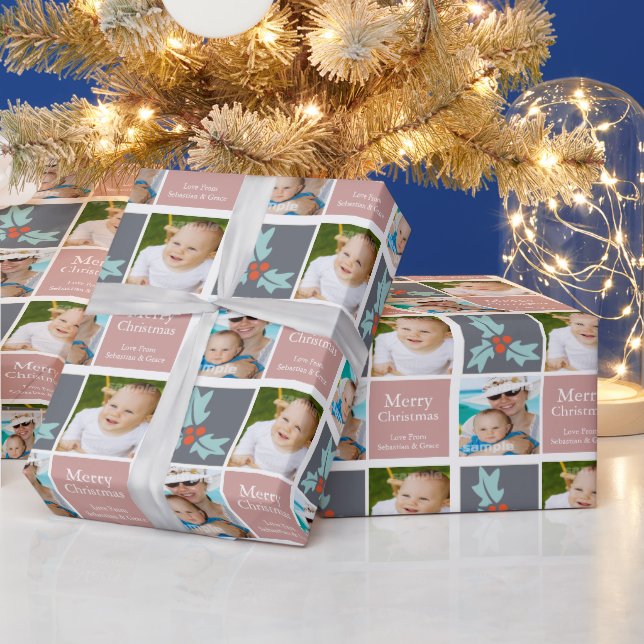 Christmas Personalised Holly Grey Pink Squares Wrapping Paper (Holidays)