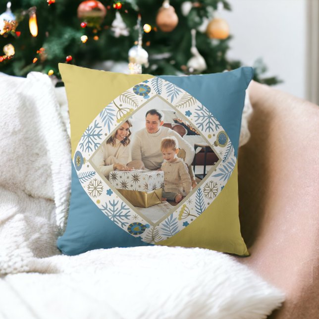 Christmas Personalised Modern Photo Cushion (Christmas Personalized Modern Photo Throw Pillow from Ricaso. Blue and yellow design. Photo gifts)