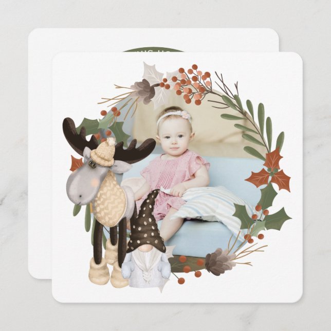 Christmas Personalised Moose Photo Frame Round Holiday Card (Front/Back)