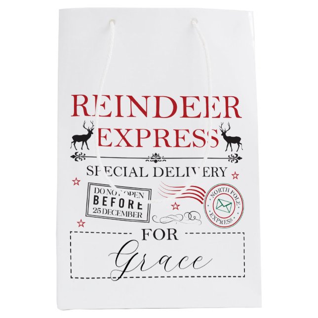 Christmas Personalised Name North Pole Reindeer Medium Gift Bag (Front)